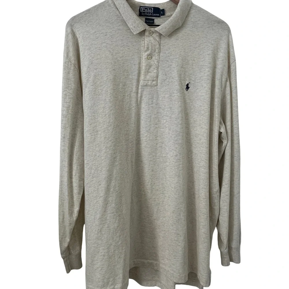 Polo Ralph Lauren Mens Large Long Sleeve Polo Shirt Oatmeal Cream Heather